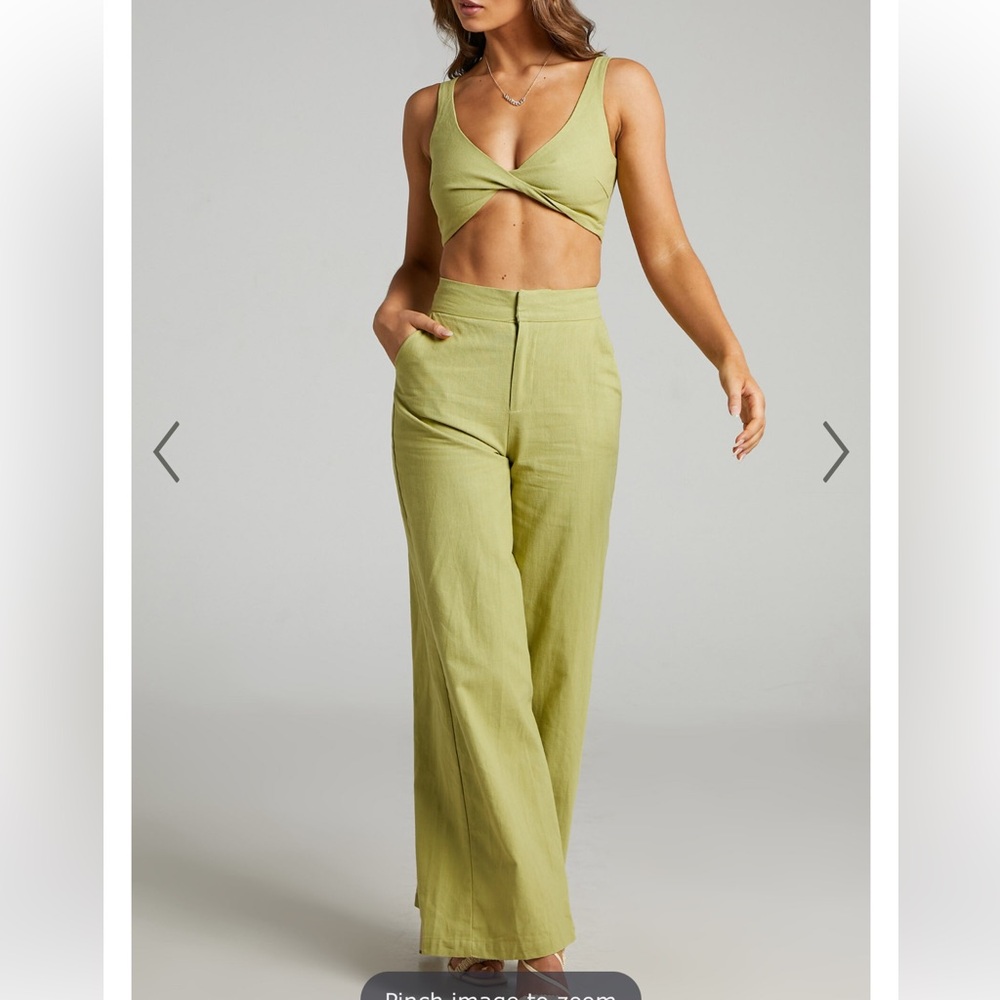 Showpo KINGSTON TWO PIECE SET -TWIST FRONT TWILL AND WIDE LEG PANTS SET IN GREEN